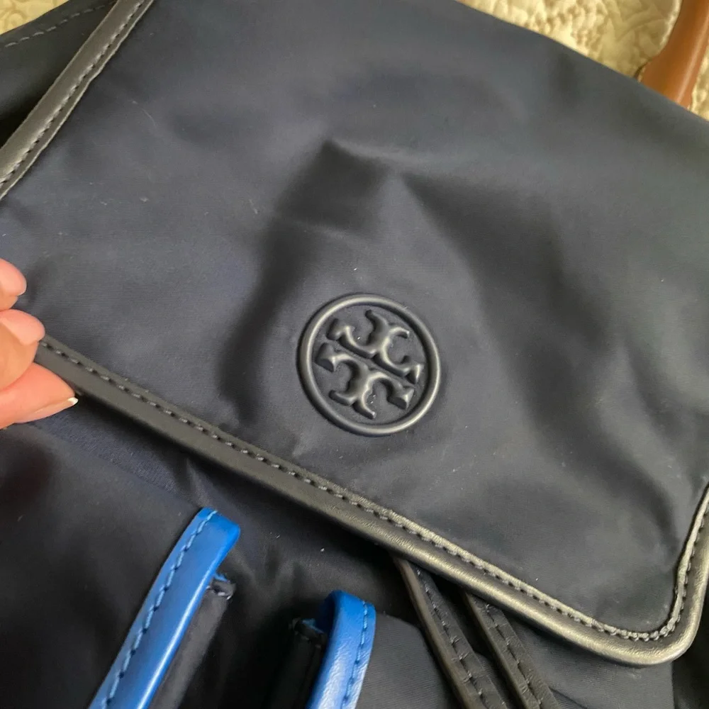 Tory Burch Navy Backpack with Tan Top Handle and Blue Trim